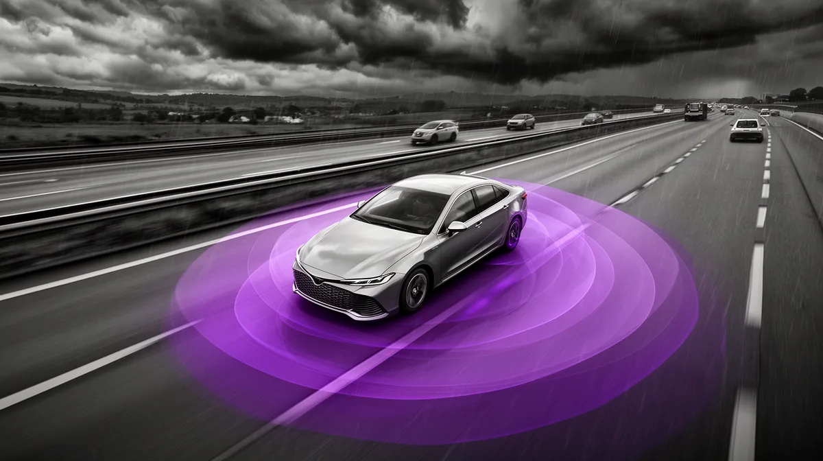 Highway scene illustrating ADAS safety envelope shrinking as conditions worsen, showing graceful degradation in AI for ADAS development