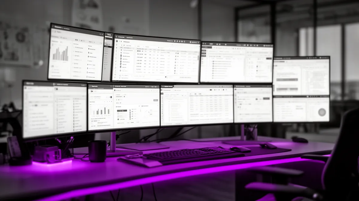 Workstation with multiple enterprise apps open illustrating AI agent integration with ERP and CRM systems