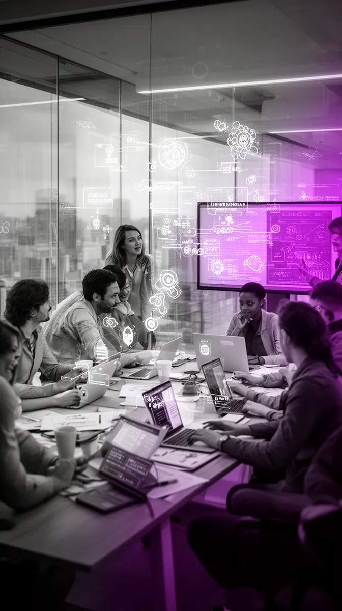 Teams collaborating in AI training and process redesign workshops