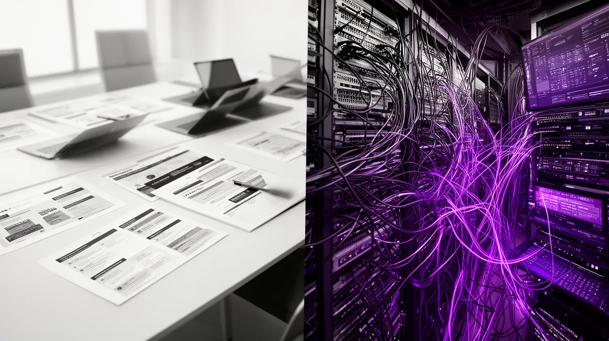 AI consulting company strategy decks contrasted with complex real-world data pipelines and systems