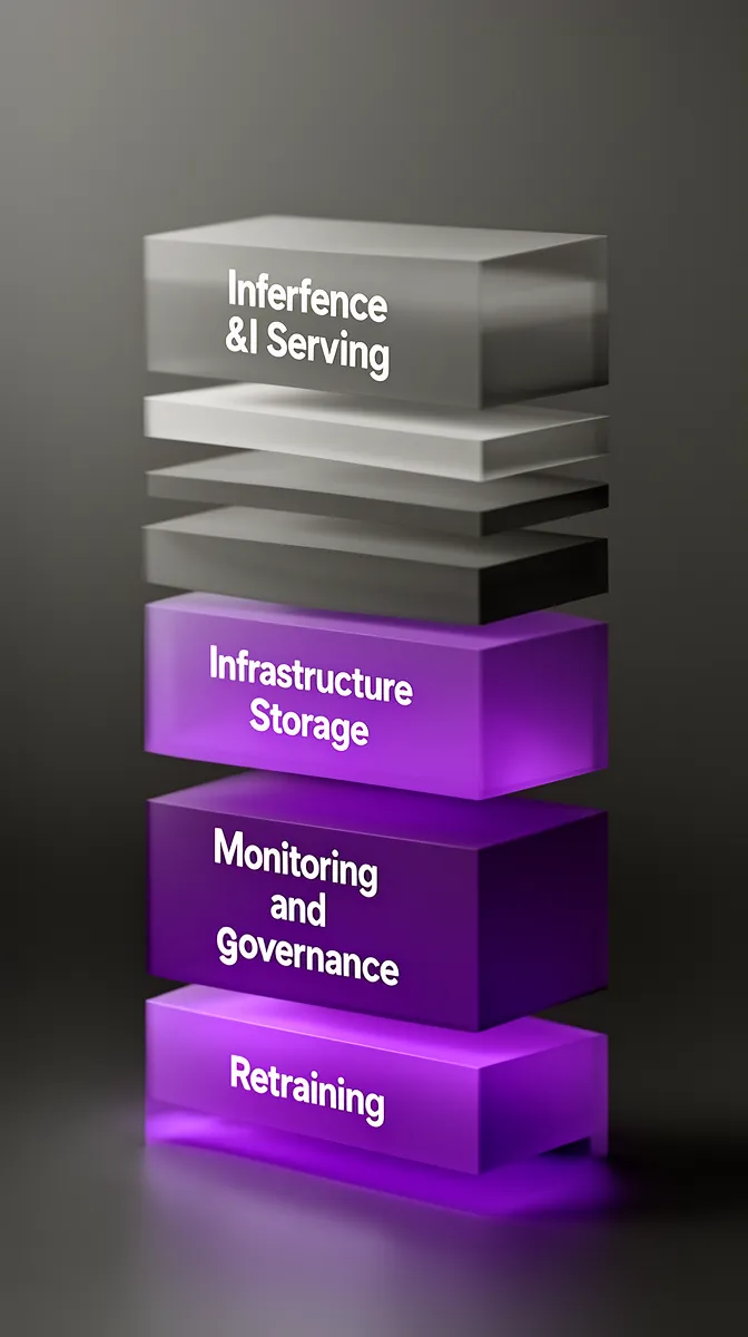 Layered AI cost stack from inference and infrastructure down to monitoring and retraining