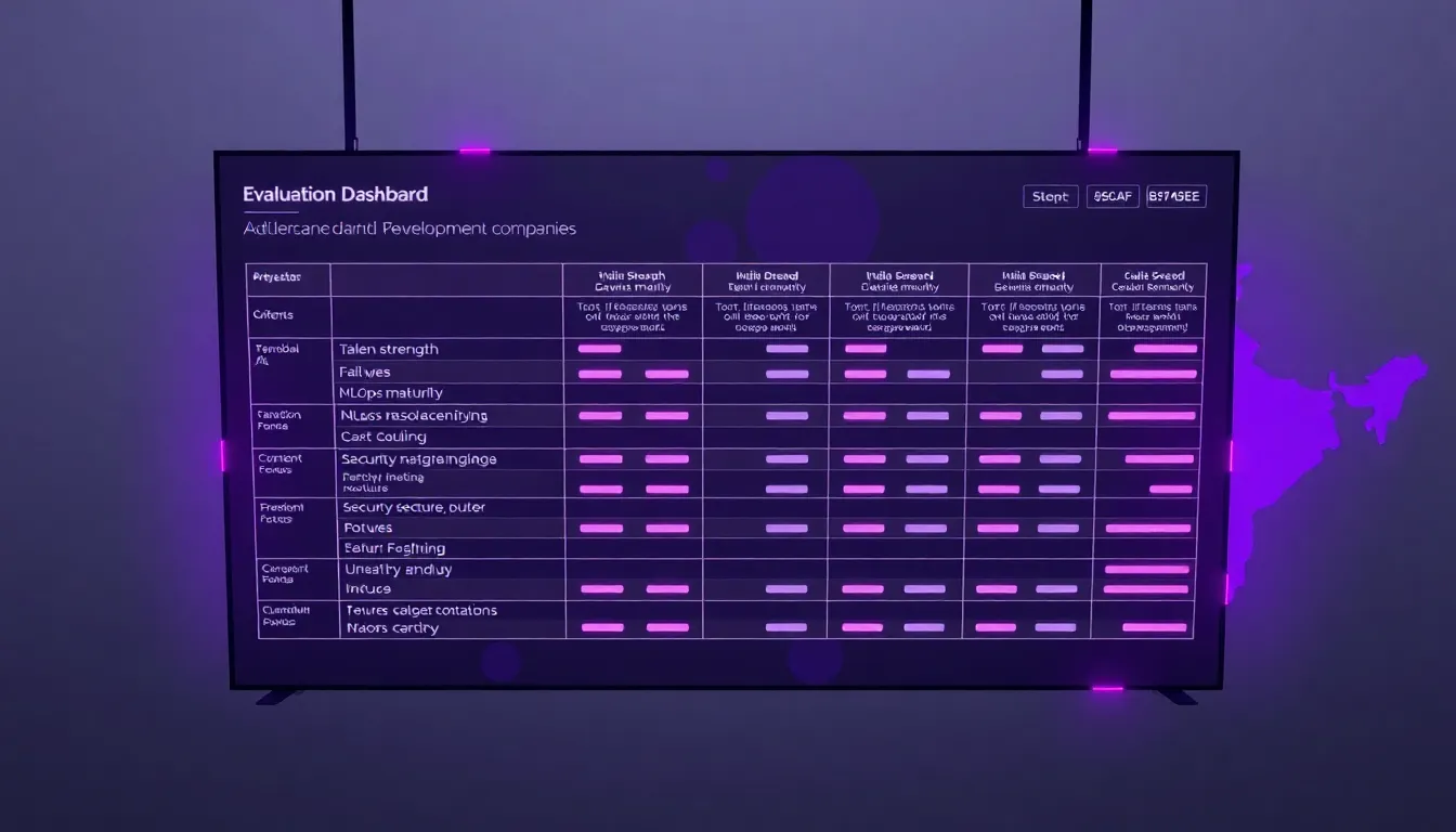 Evaluation matrix comparing an AI development company in India across talent, MLOps, and security criteria