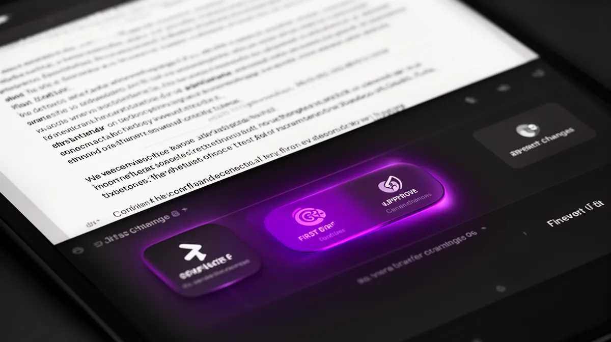 AI-first UX screen showing first draft content with clear edit, approve, and revert controls in an ai-native application