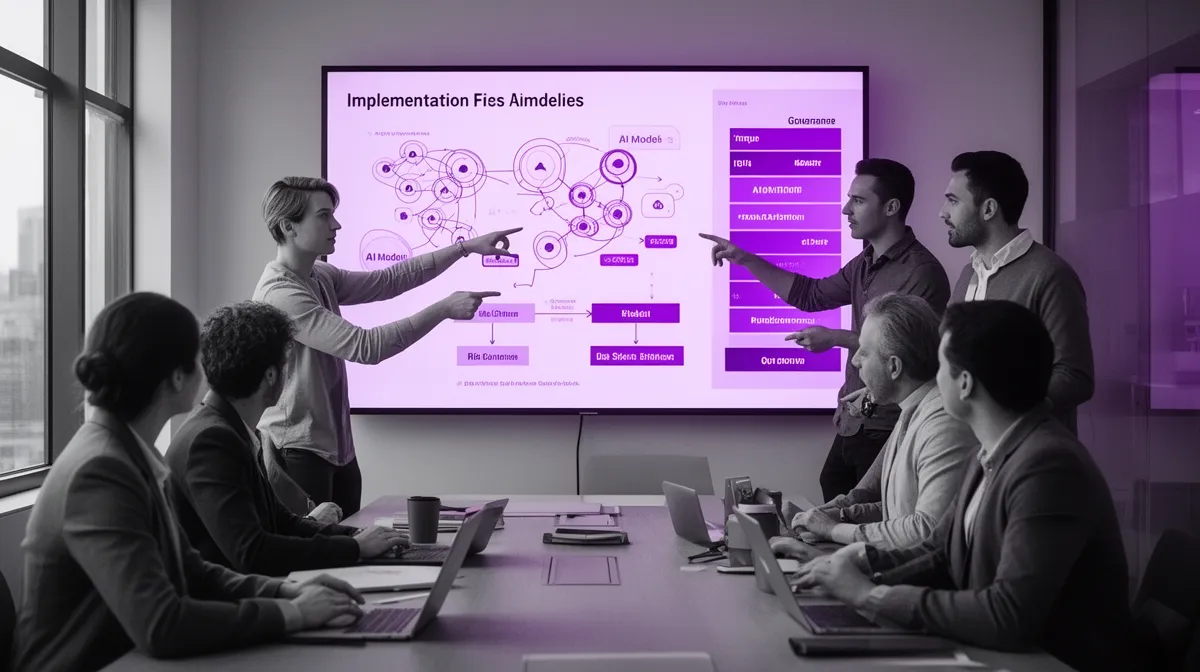 Cross-functional team in an ai governance consulting workshop reviewing a practical governance playbook