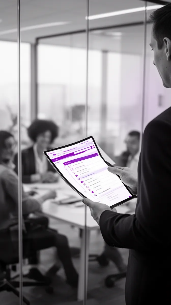 Leader reviewing a concise ai governance framework checklist in a meeting setting