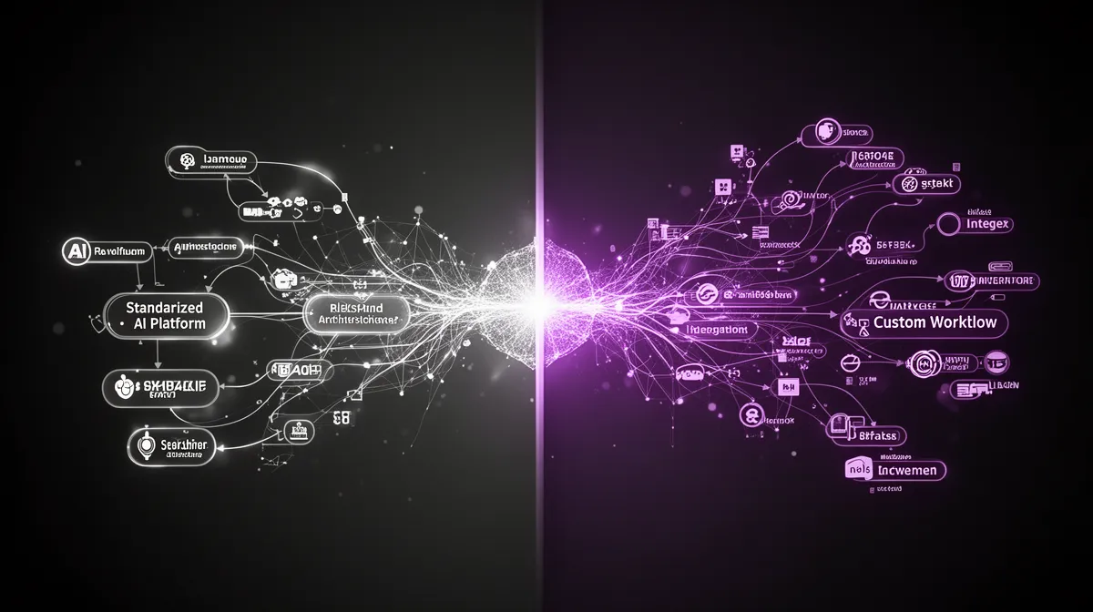 Forked AI implementation paths showing standardized platform versus custom build outcomes