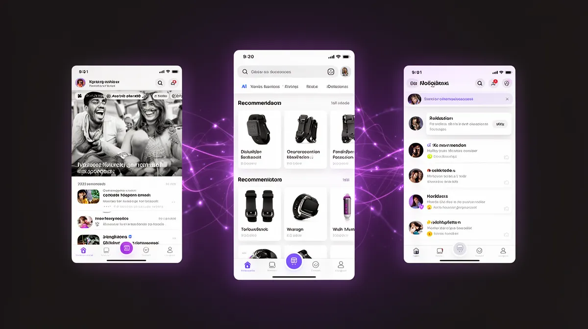Composite UI illustrating ai personalization solutions across feeds, recommendations, and notifications
