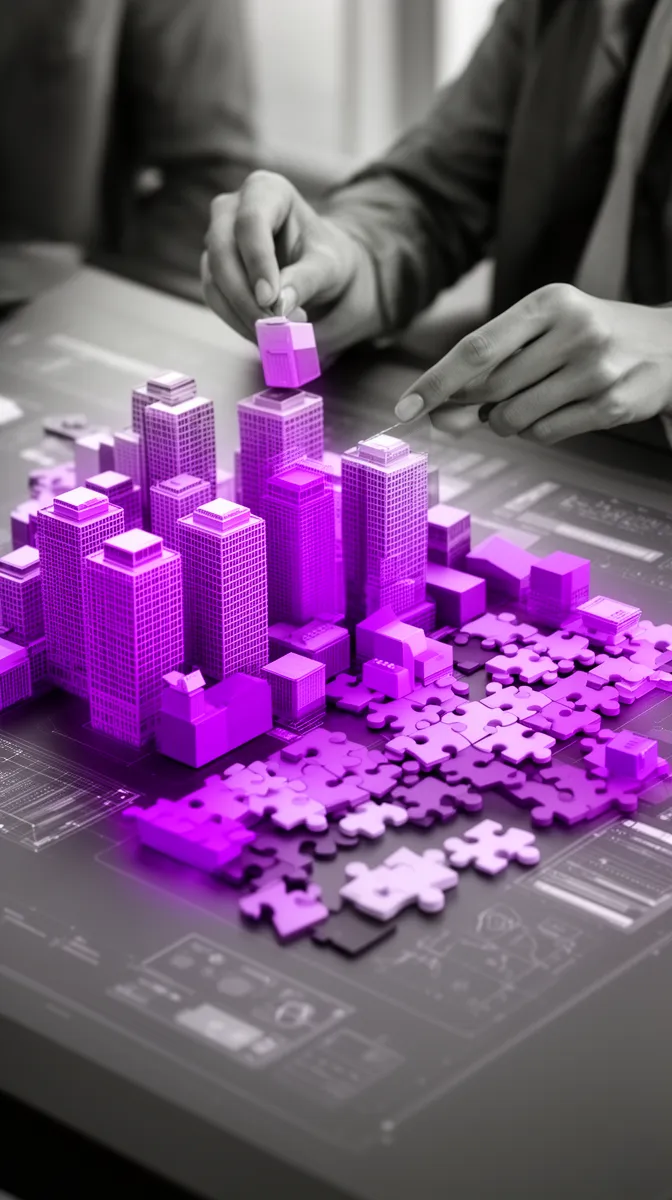 Portfolio of standardized AI solutions and bespoke components represented as mixed digital building blocks