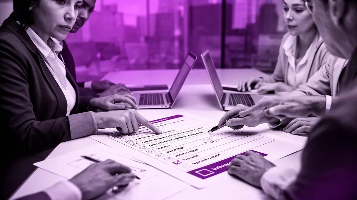 Cross-functional team reviewing a launch checklist for AI project consulting outcome accountability