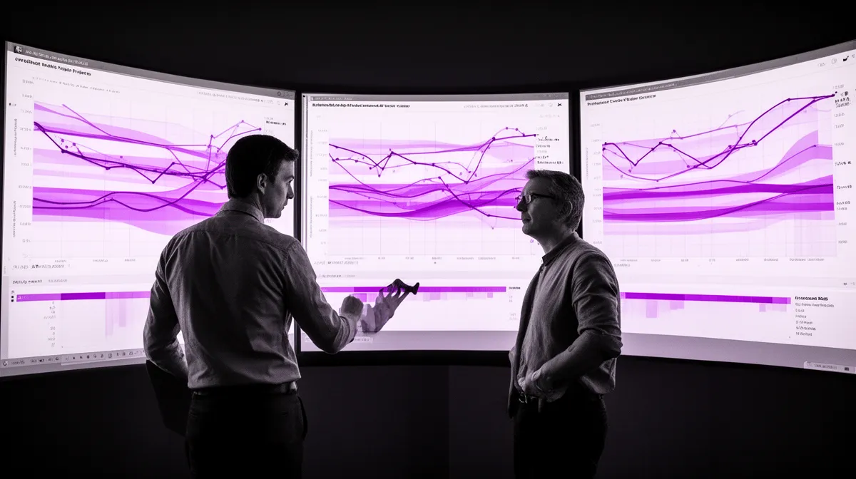 Product leader and data scientist reviewing AI project cost ranges and confidence levels on large screens