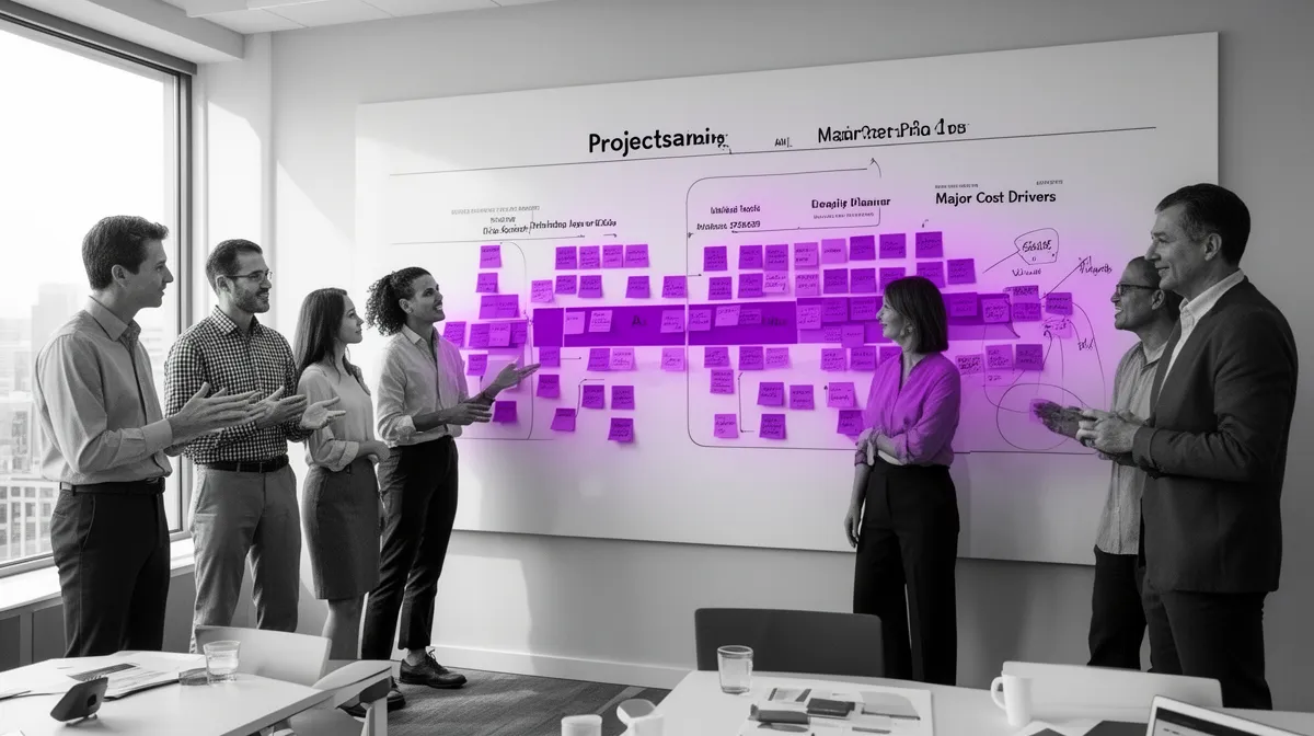 Cross-functional team mapping AI project cost estimate drivers across the lifecycle on a workshop wall