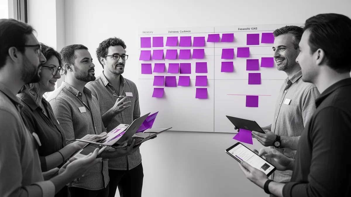 Team standup illustrating AI project management cadence and governance framework