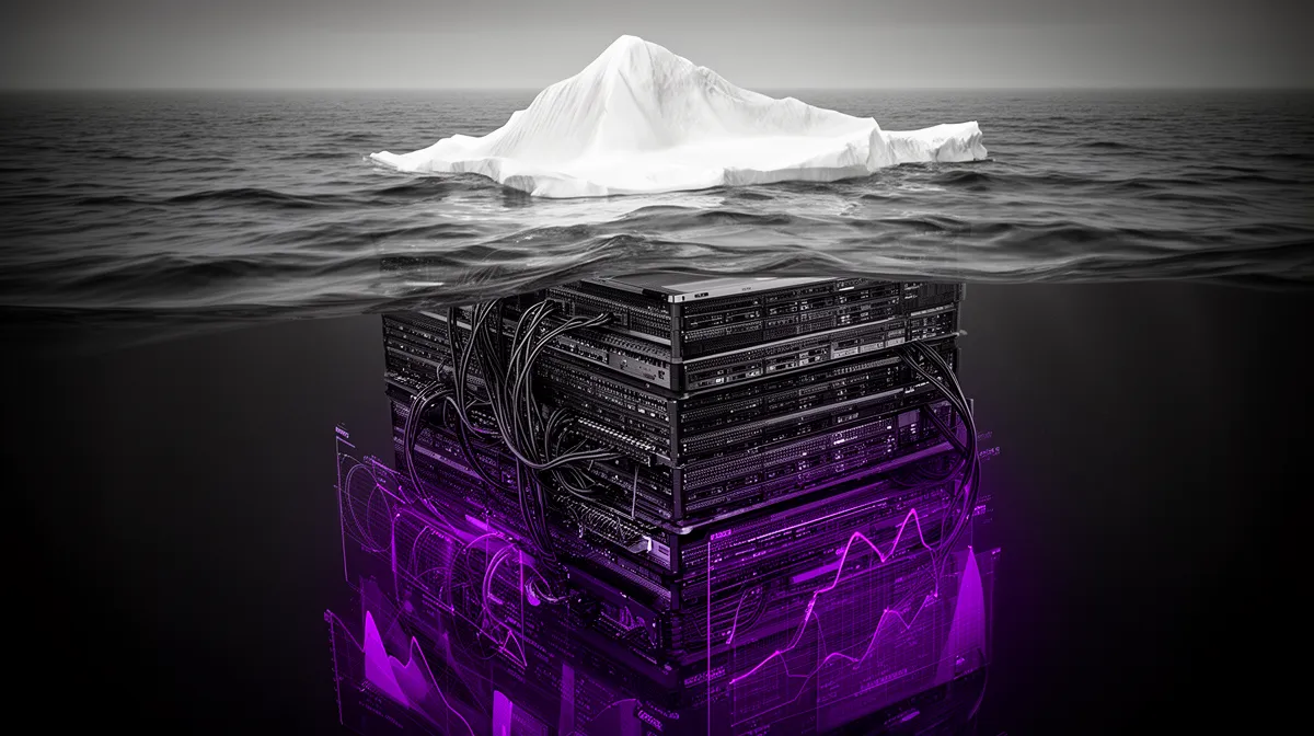 Conceptual AI software cost iceberg showing small visible build cost and large hidden operational costs below the surface