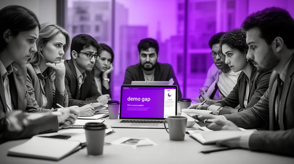 Team reacting to a confusing AI software product demo during an adoption meeting