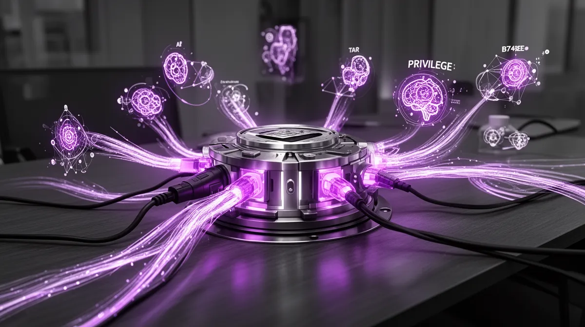 AI, TAR, and privilege modules plugging into a central legal review platform hub