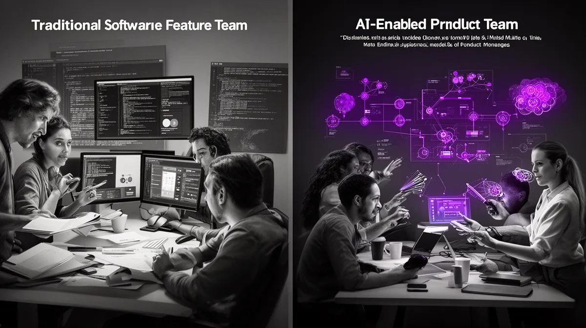Traditional software team contrasted with AI-enabled product team showing different workflows for ai team augmentation