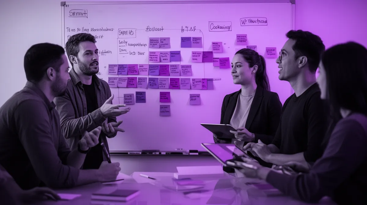 Sprint planning session for an AI transformation roadmap with change management steps