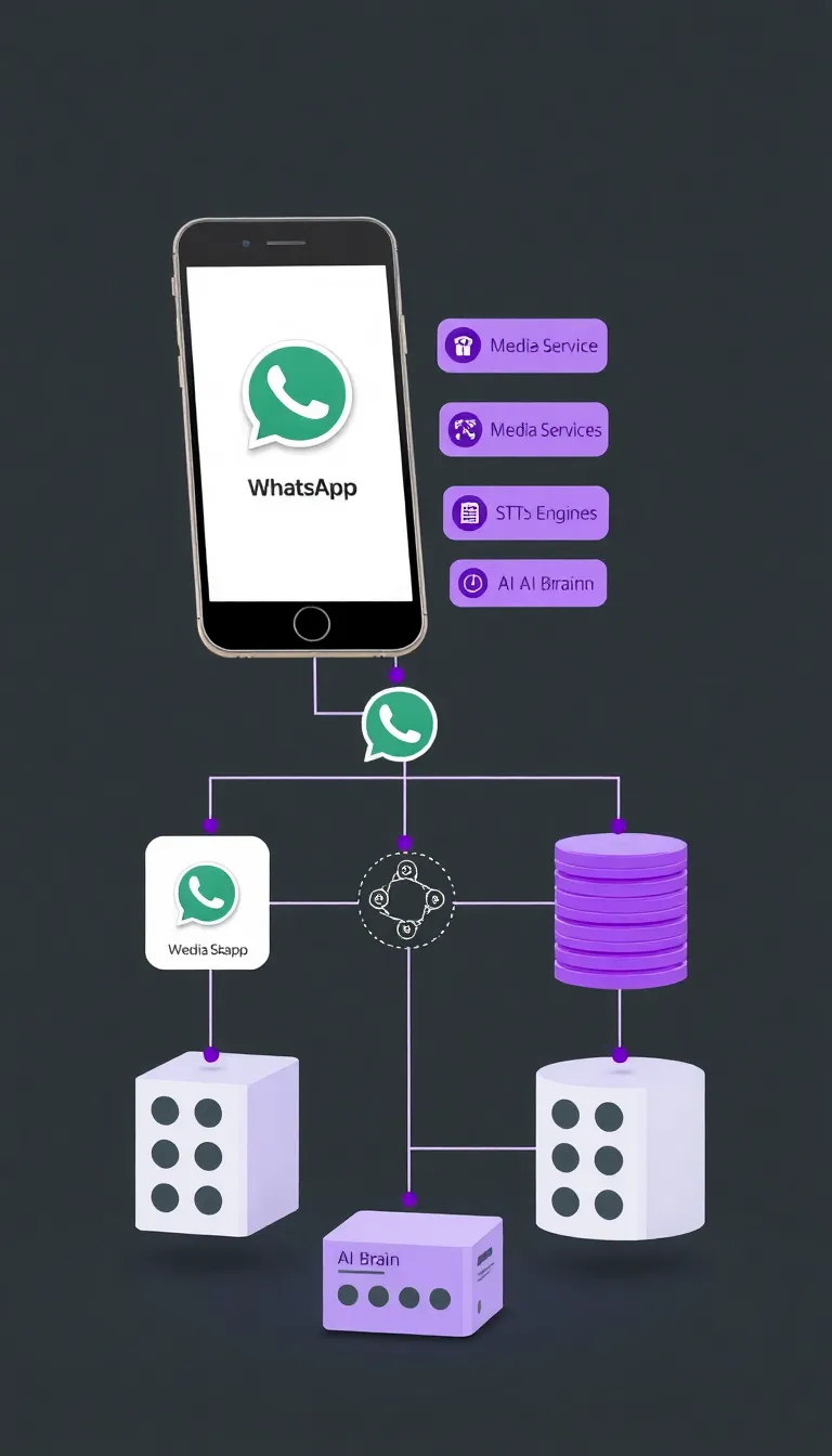 Conceptual architecture of AI voice bot for WhatsApp Business API with backend integrations