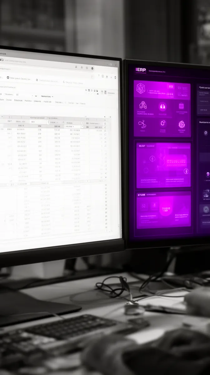 Analyst workstation showing ERP, Excel, and embedded AI side panel for workflow integrated AI for financial analytics