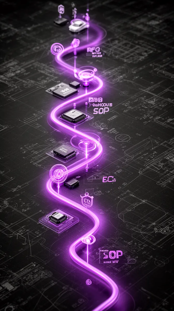 High-level automotive development cycle with RFQ to SOP milestones for AI alignment