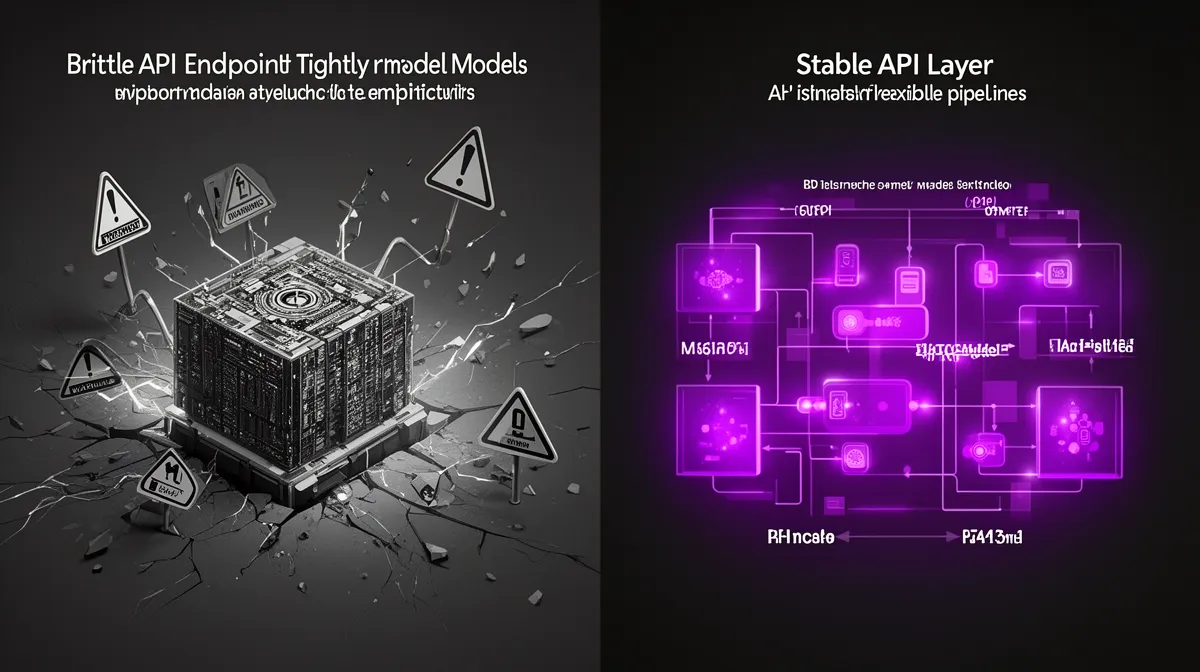 Conceptual diagram contrasting brittle machine learning API development with an evolution-ready ML API that decouples the model from the interface