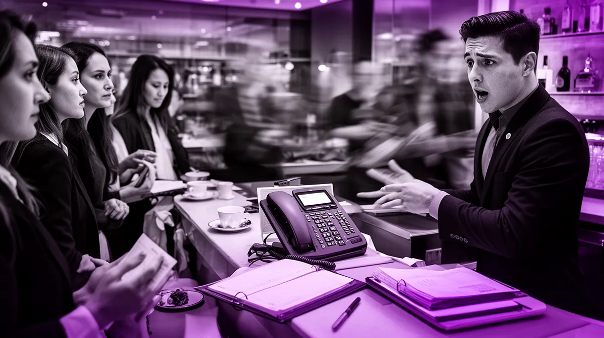 Busy host stand during peak hours showing why restaurant chatbot integration must prevent double-bookings