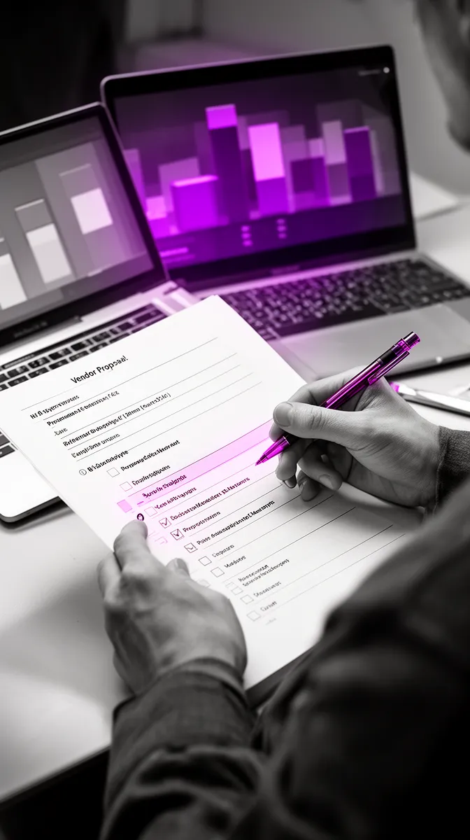 Buyer reviewing an AI vendor proposal and deployment checklist