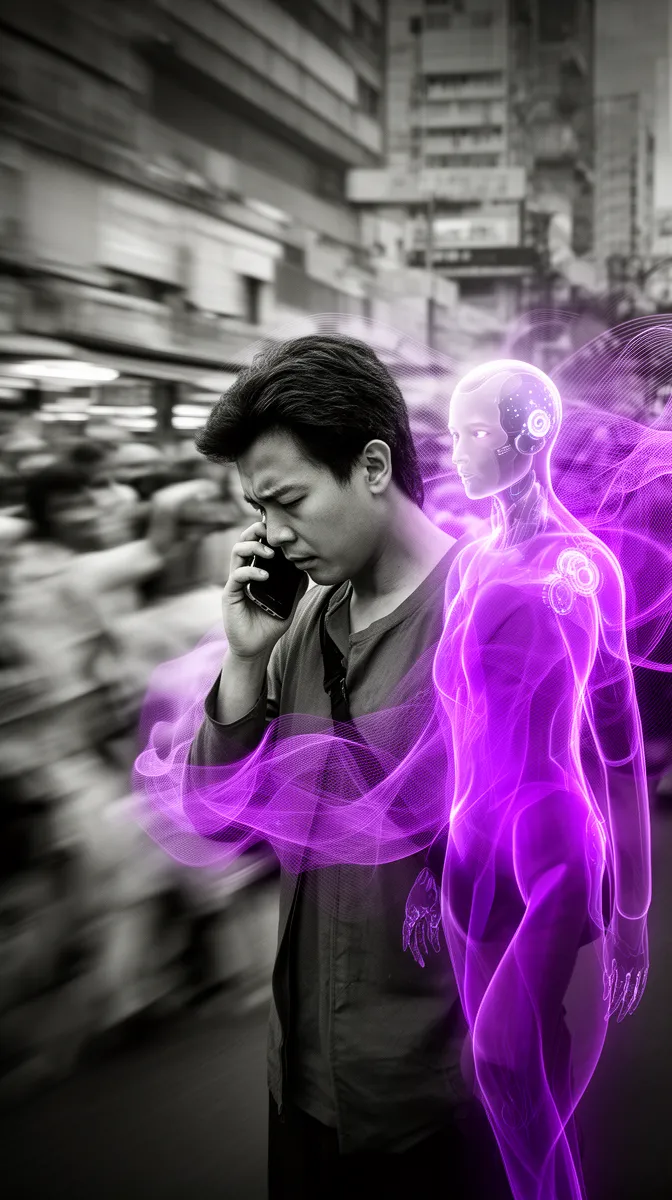 High-stress phone caller being reassured by a calm virtual voice assistant designed around caller psychology