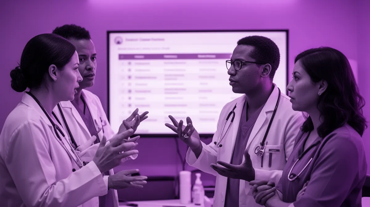 Care team huddle reviewing a patient list for AI for patient care workflow planning