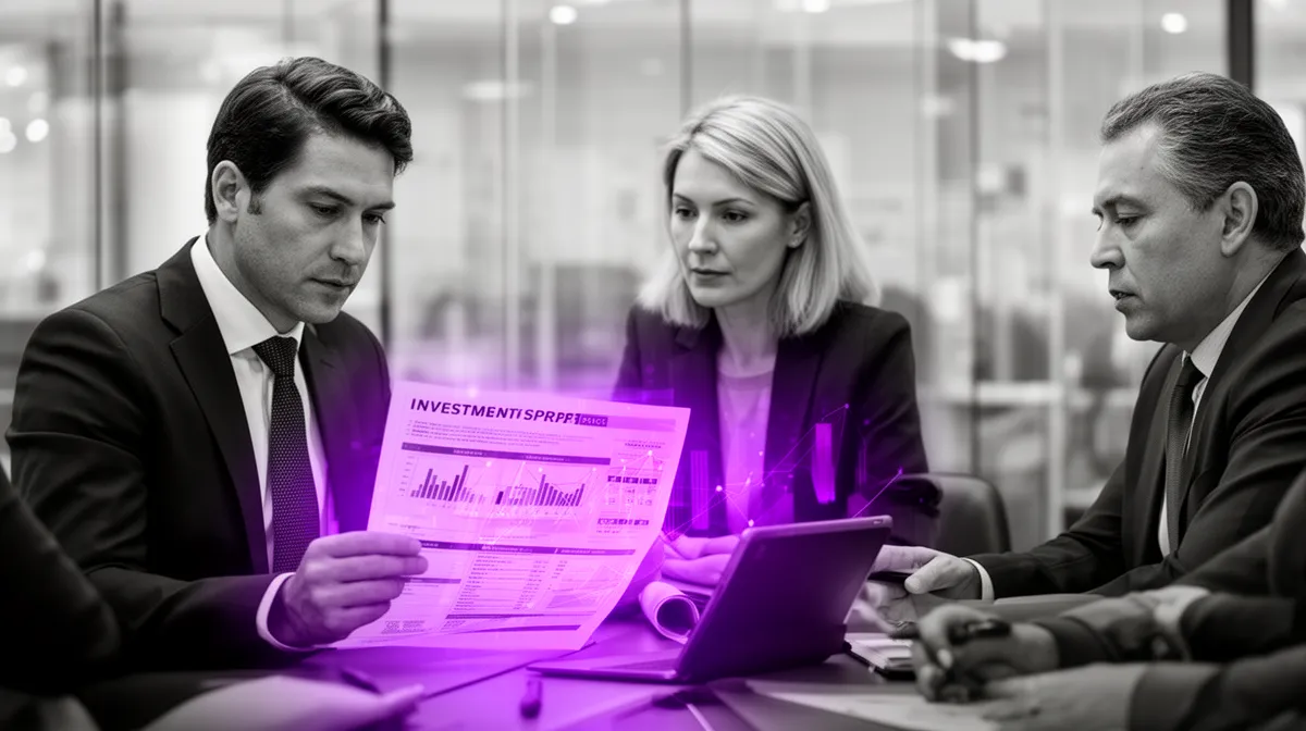 CFO reviewing an investment proposal for corporate AI solutions in a boardroom