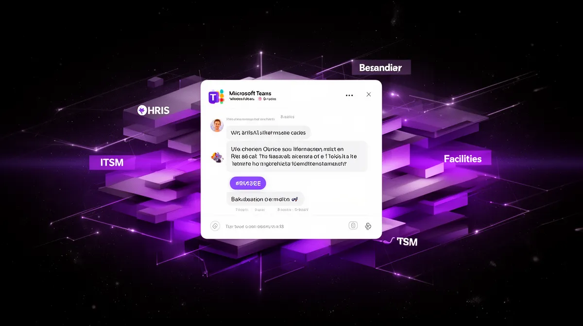 Chat interface connected to HR, IT, and facilities systems behind it representing integrated employee chatbot