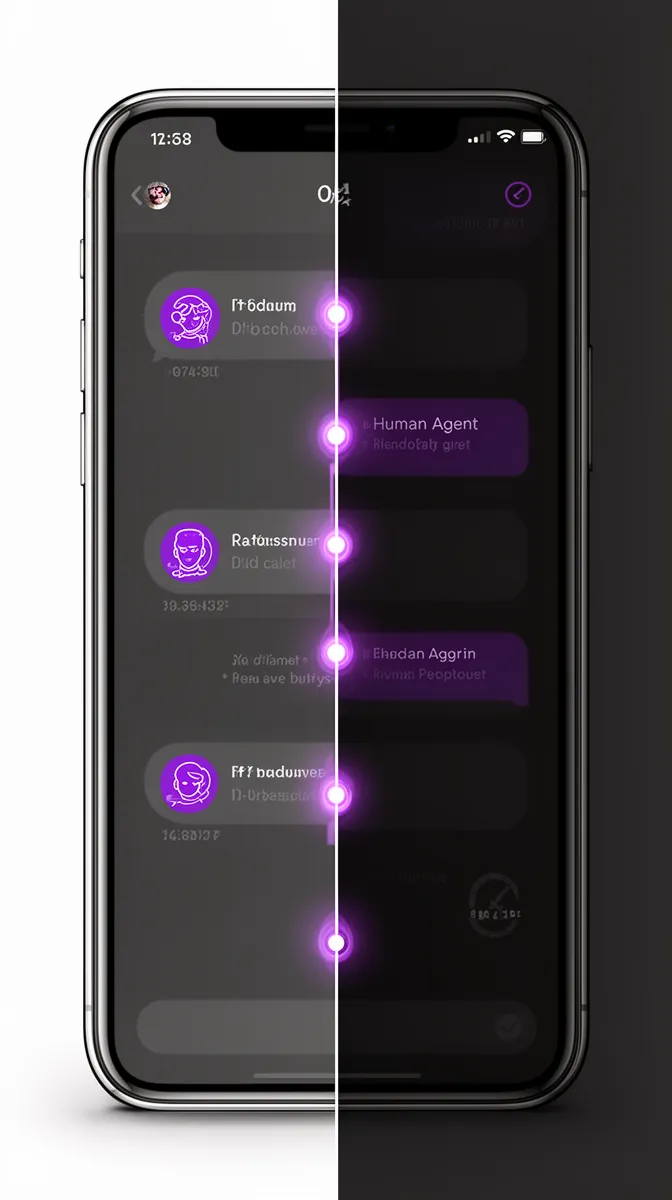Chat timeline showing AI and human segments with clear handoff points in a hybrid chatbot