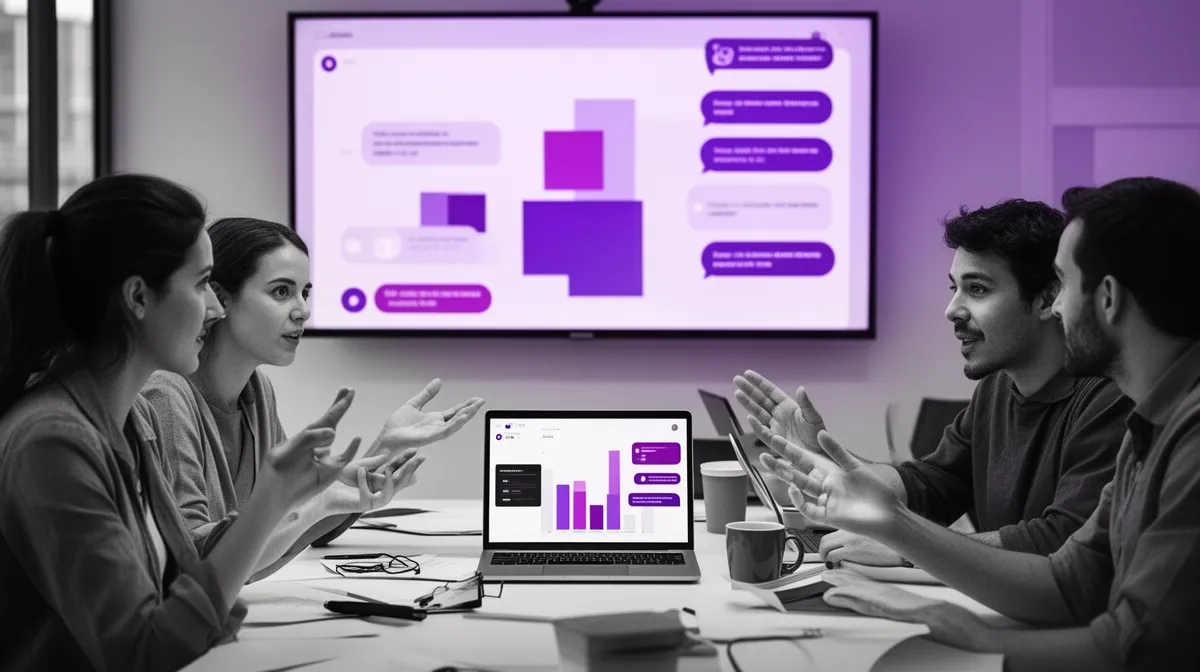 Team reviewing chatbot development services performance analytics during configuration