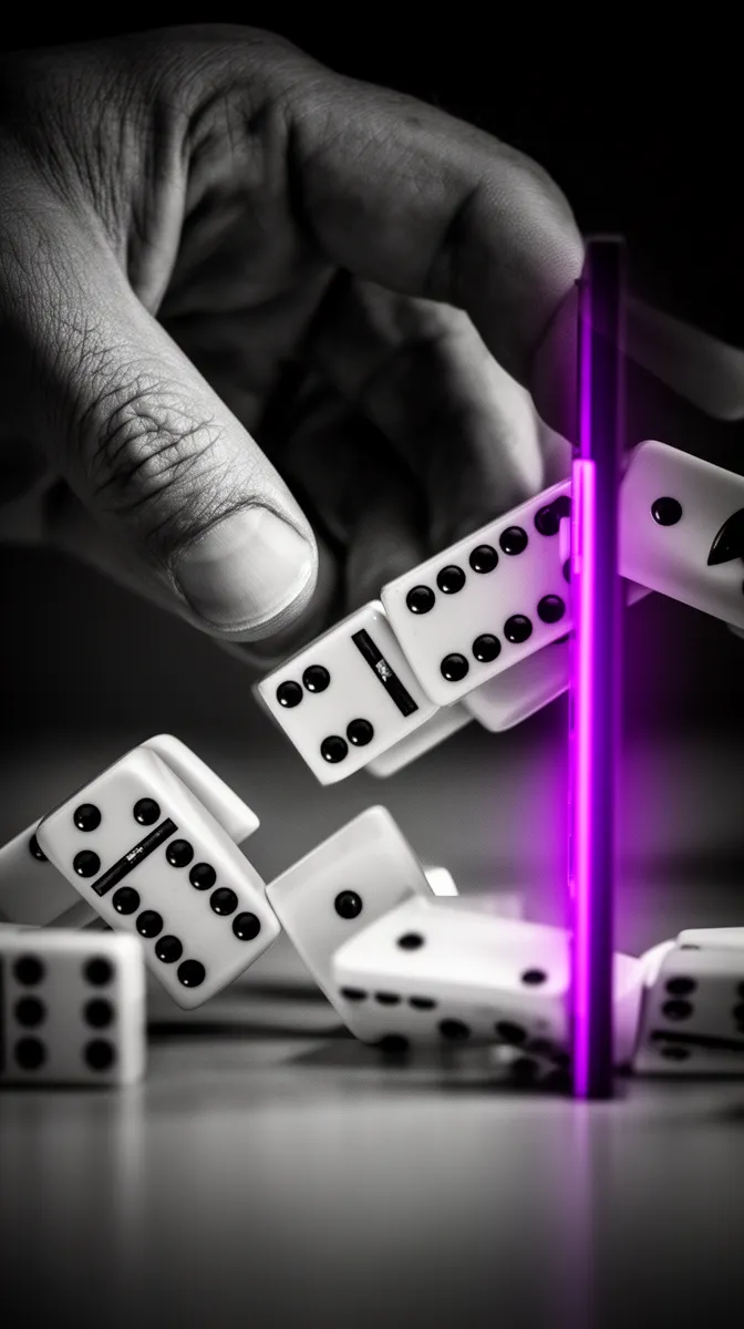 Dominoes stopped to illustrate circuit breakers preventing cascade failures in agent workflows