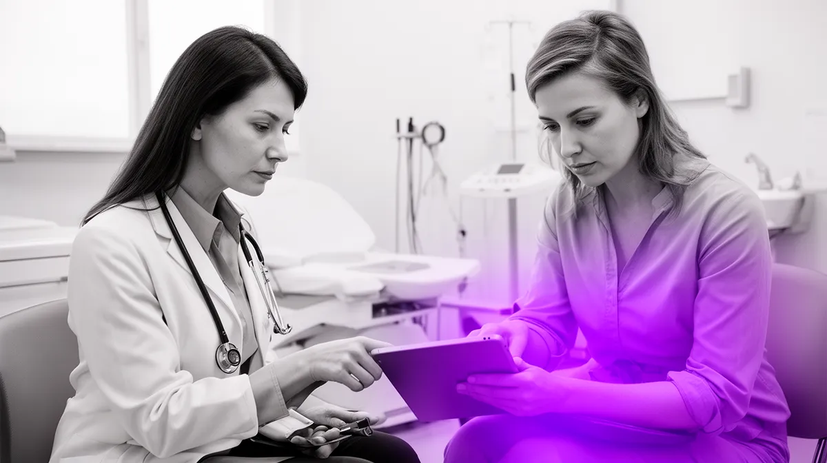 Clinician and patient reviewing a healthcare chatbot workflow with human oversight