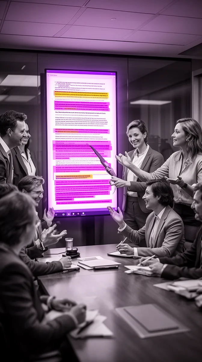 Legal reviewers collaborating around a screen with AI-assisted document review suggestions under human control