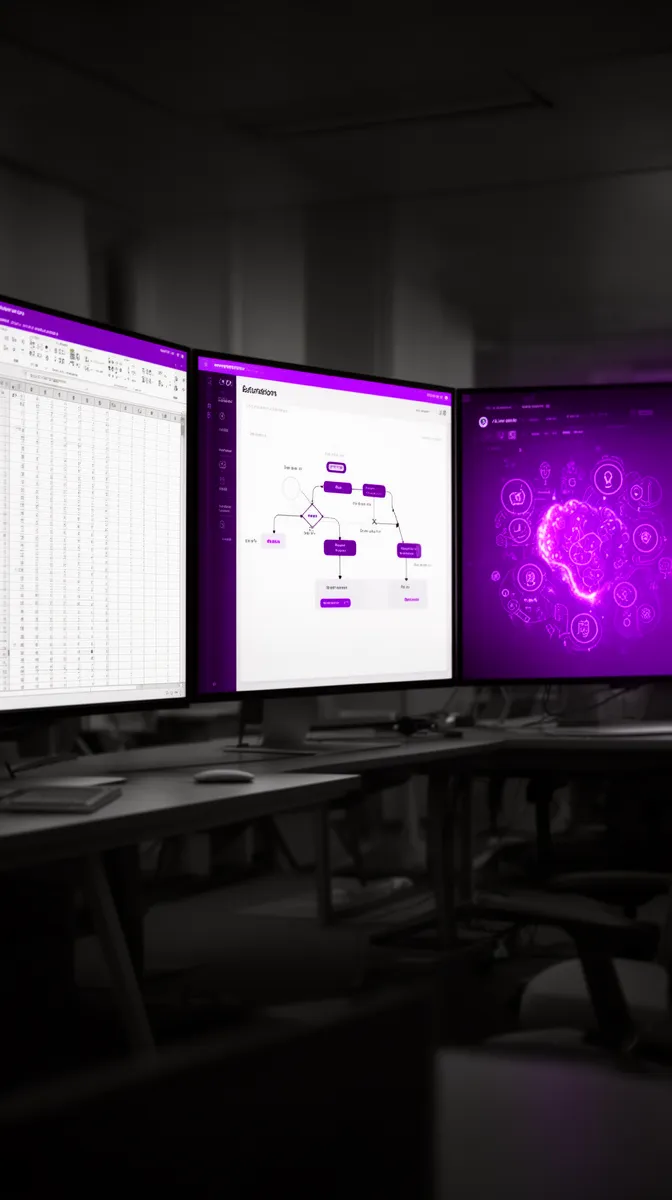 Side-by-side comparison of spreadsheet, automation, and AI-assisted interfaces