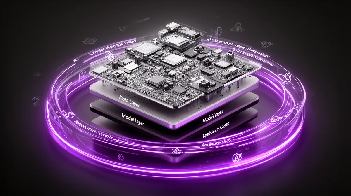 Compliance-aware AI architecture stack with a governance layer around data, models, and applications