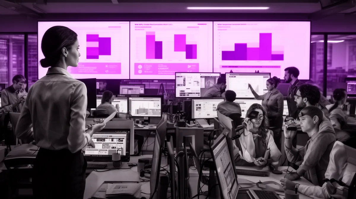 Contact center team monitoring KPIs for voicebot containment rate and CSAT