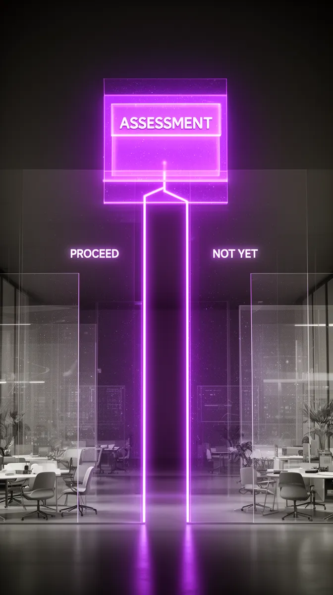 Staged engagement diagram showing assessment leading to proceed or not yet decisions in conversational AI readiness consulting
