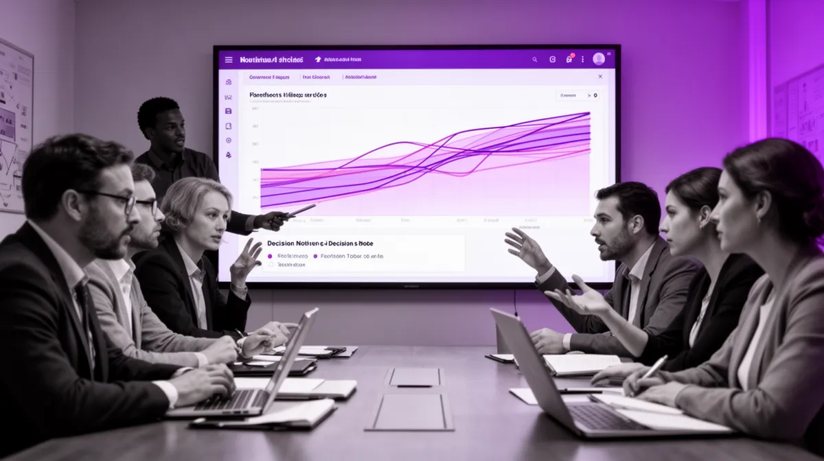 Cross-functional team reviewing an AI-powered analytics platform dashboard to build trust in decisions
