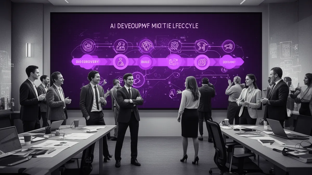 Cross-functional insurance team collaborating on actuarially grounded AI development lifecycle