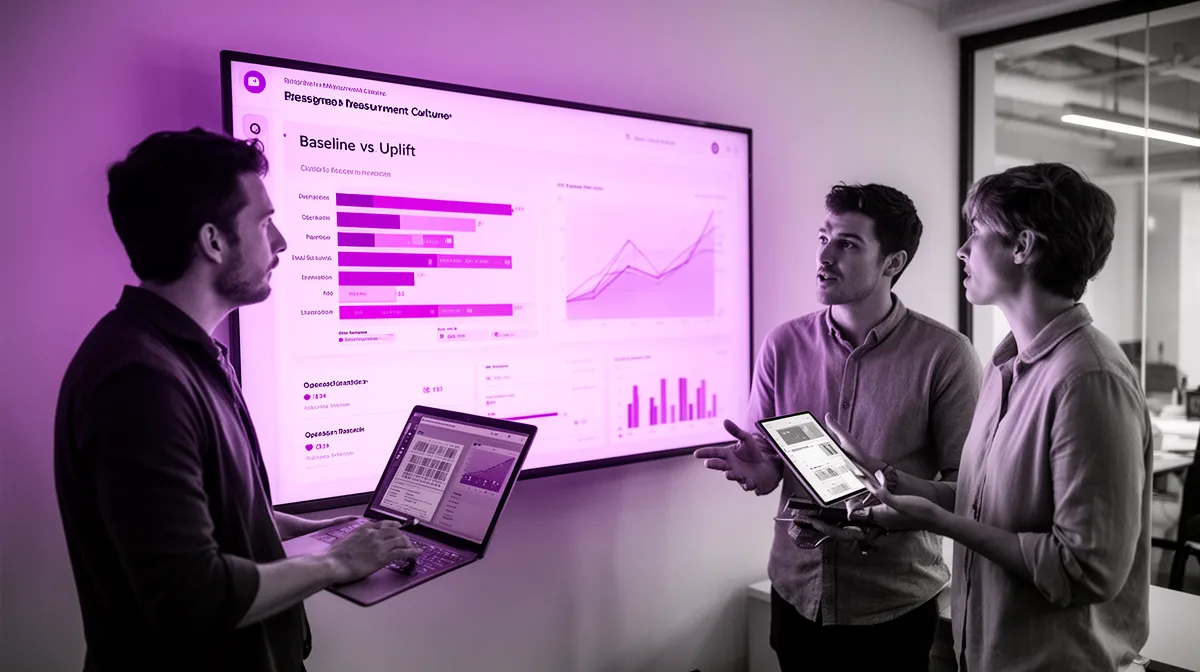 Cross-functional team measuring intelligent automation agent uplift on a live ops dashboard
