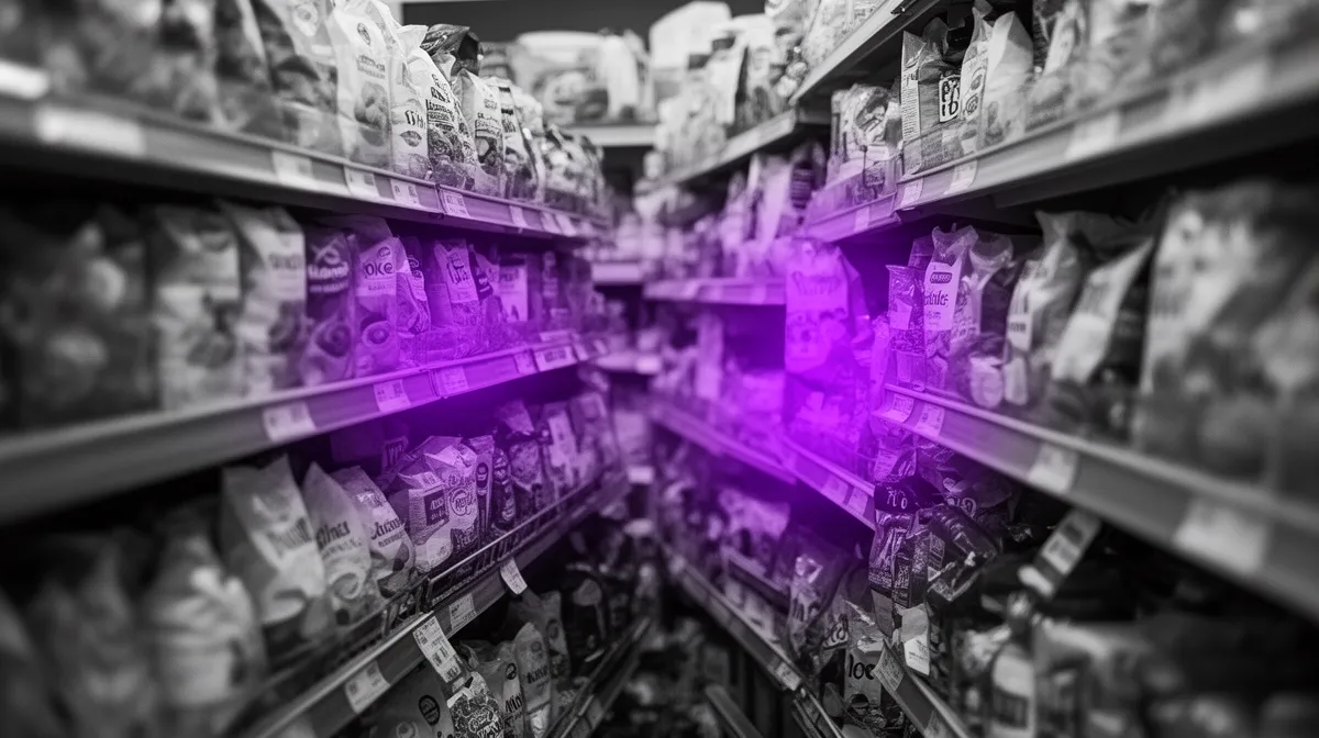 Crowded marketplace shelf illustrating content differentiation and brand voice consistency