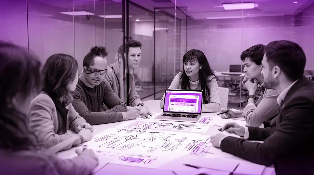 CX leaders reviewing AI phone bot implementation checklist and call flows in a meeting room