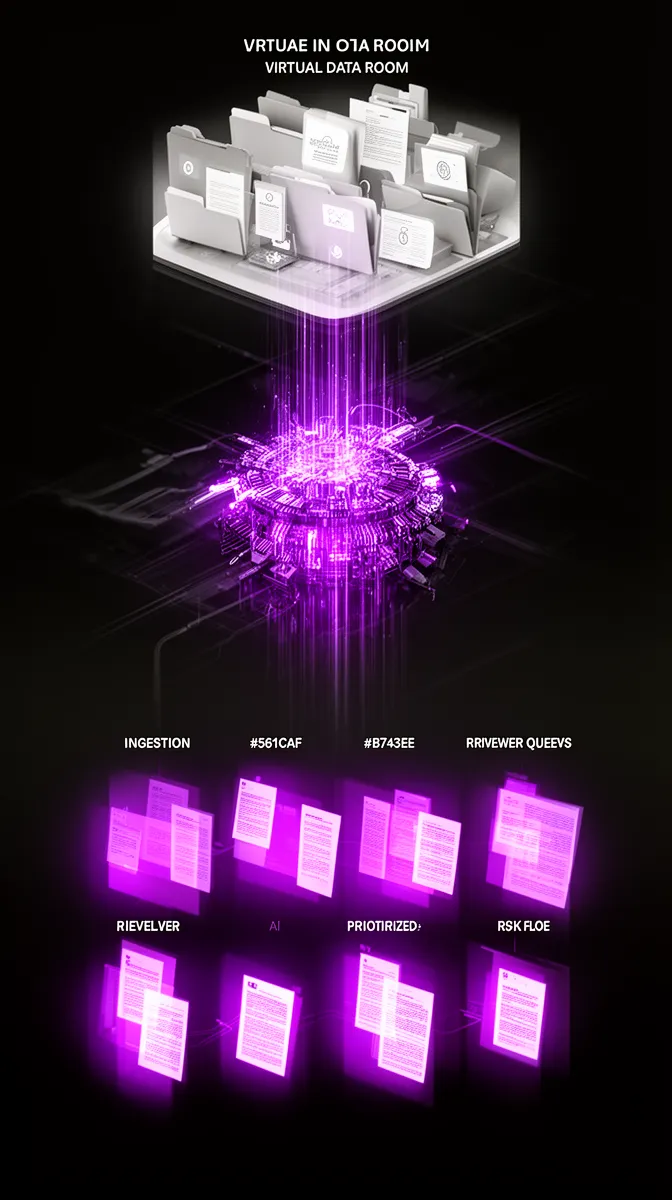 Conceptual journey from data room ingestion through AI processing to prioritized due diligence risk queues