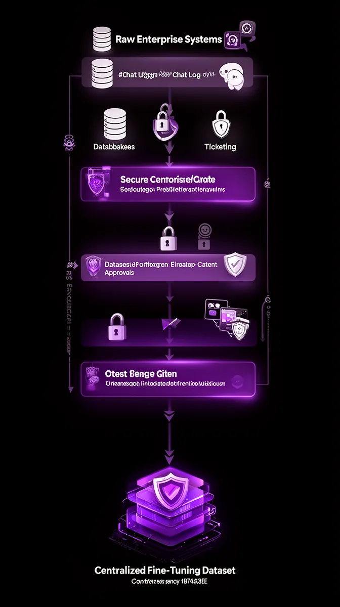 Vertical schematic of dataset lineage and governed pipelines for enterprise LLM fine-tuning