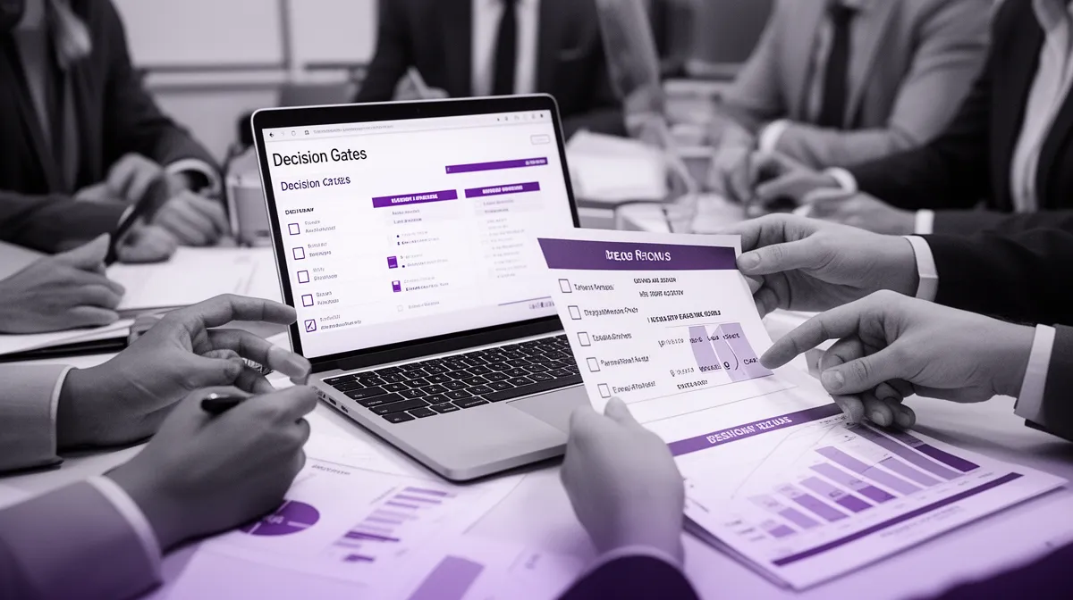 Cross-functional team reviewing decision gates for AI model fine-tuning services