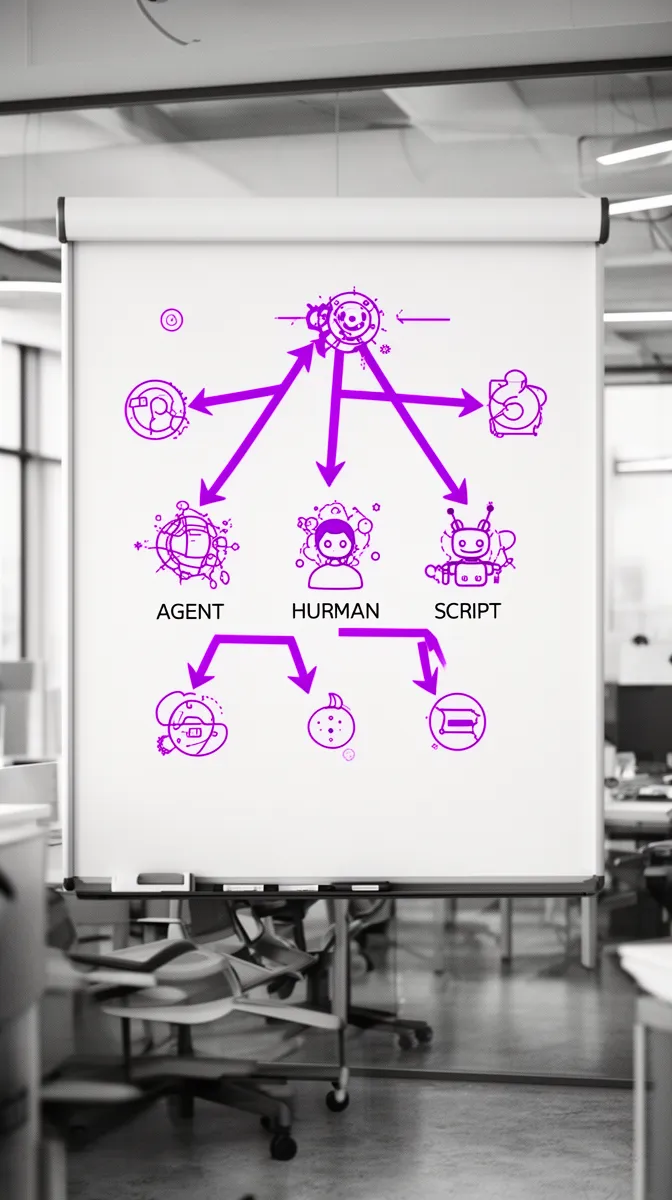 Decision tree concept dividing business tasks between ai agents humans and scripts