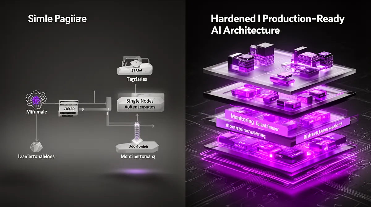 Conceptual comparison of demo AI pipeline versus production-grade AI solutions architecture with monitoring and failover